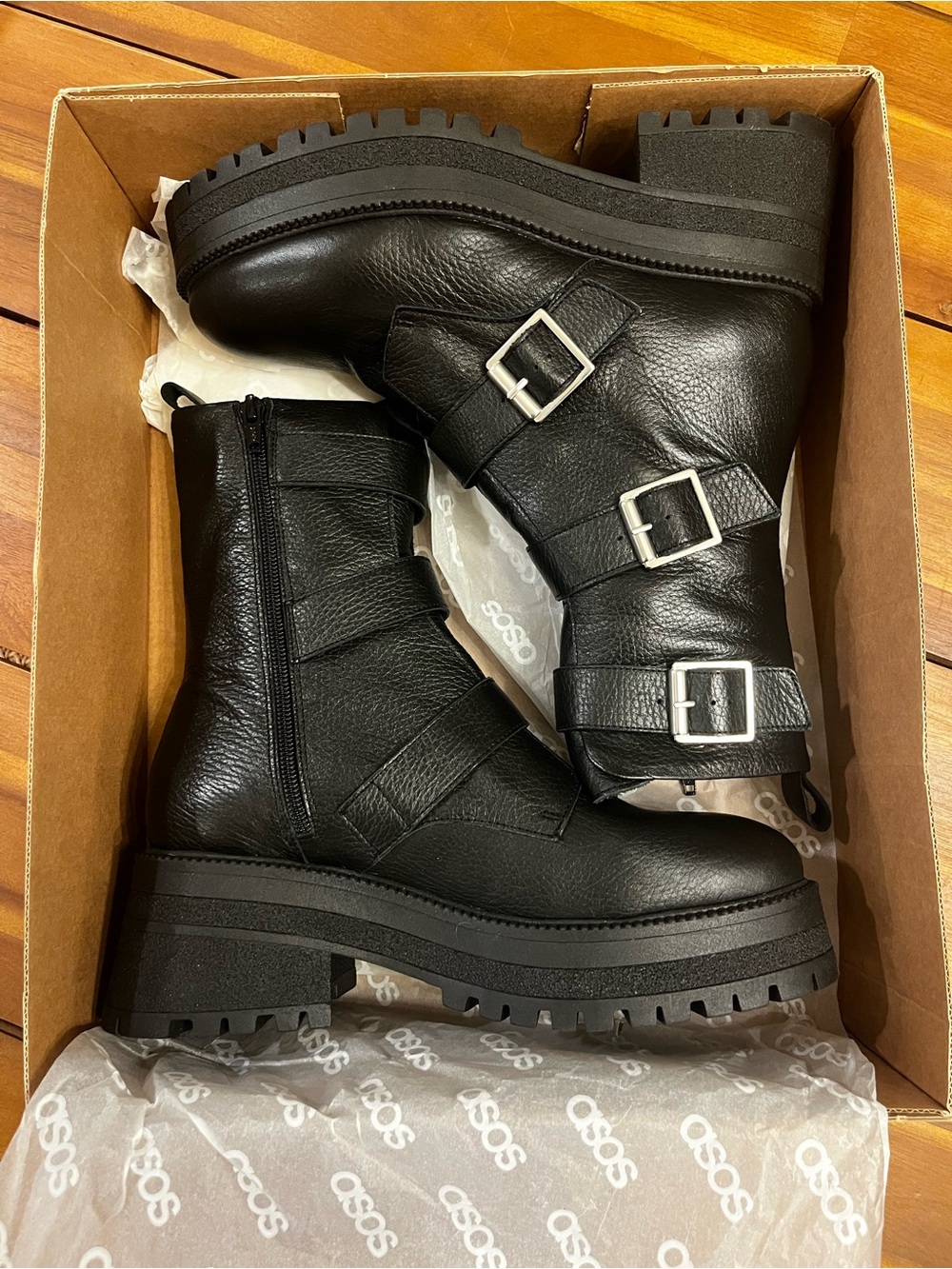 ASOS DESIGN Alex Premium Leather Chunky Buckle Boots UK 7 / EU 40 / US 9-9.5